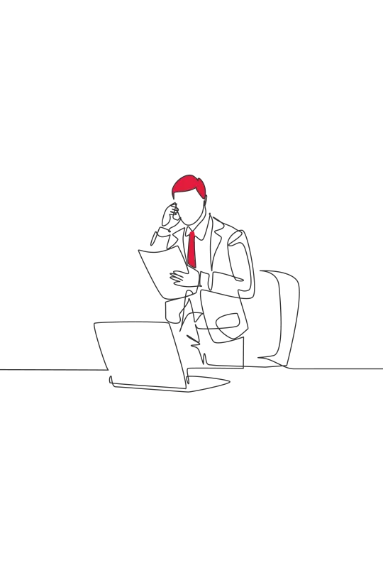 An illustration of a man making a phone call while looking at a document, in front of a laptop