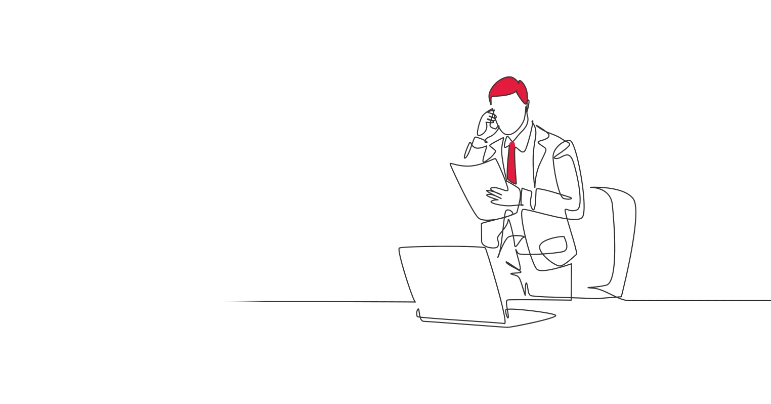 An illustration of a man making a phone call while looking at a document, in front of a laptop