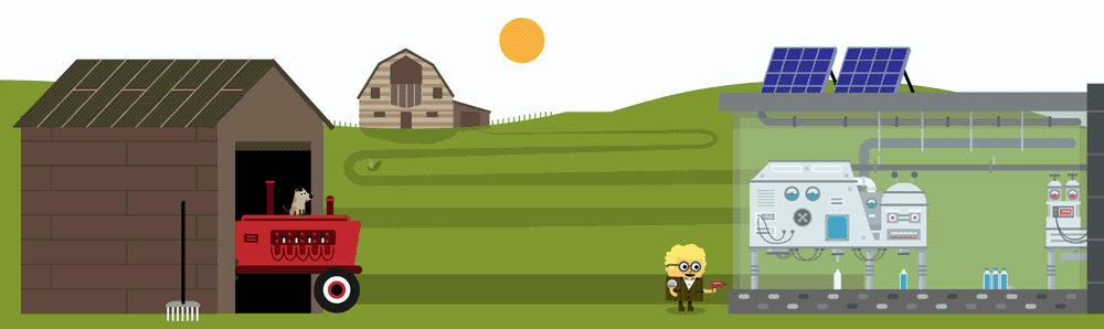 A gif of a farmer driving a tractor into a robot factory. The tractor emerges as a more hi-tech version