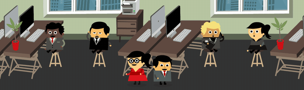 A gif of cartoon characters Oury and Clark in an office with various employment issues around remote working